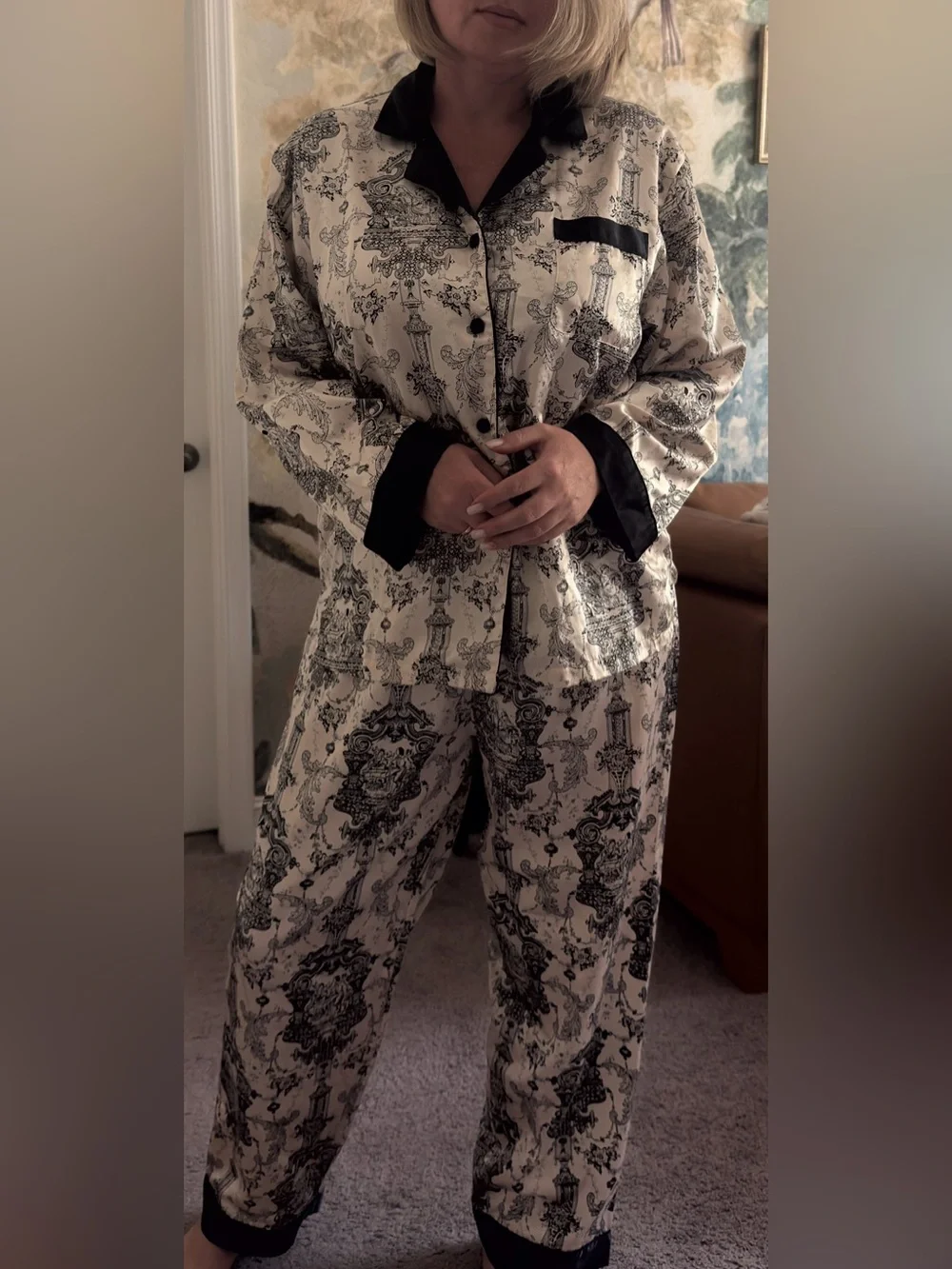Robert Louis Silk Pajama Set Women L Black Ivory Asian Chinoiserie Print 2 Piece